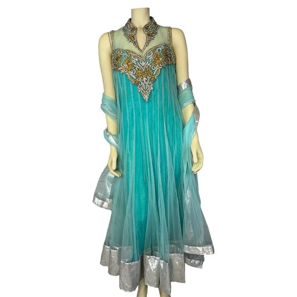 Turquoise Blue and Silver Tiered Dress for Weddings - Anarkali - Picture 1 of 15